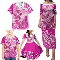 Personalised Polynesia Breast Cancer Awareness Family Matching Puletasi and Hawaiian Shirt Think Pink Ribbon Polynesian Butterflies