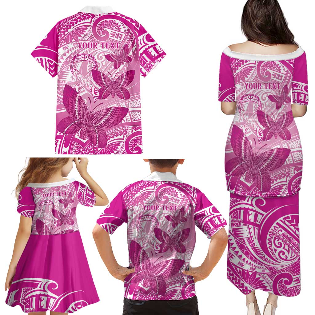 Personalised Polynesia Breast Cancer Awareness Family Matching Puletasi and Hawaiian Shirt Think Pink Ribbon Polynesian Butterflies