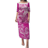 Personalised Polynesia Breast Cancer Awareness Family Matching Puletasi and Hawaiian Shirt Think Pink Ribbon Polynesian Butterflies