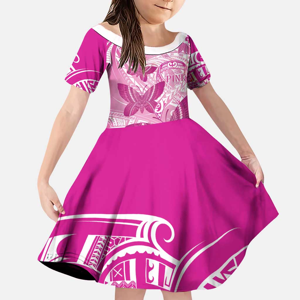 Personalised Polynesia Breast Cancer Awareness Family Matching Short Sleeve Bodycon Dress and Hawaiian Shirt Think Pink Ribbon Polynesian Butterflies