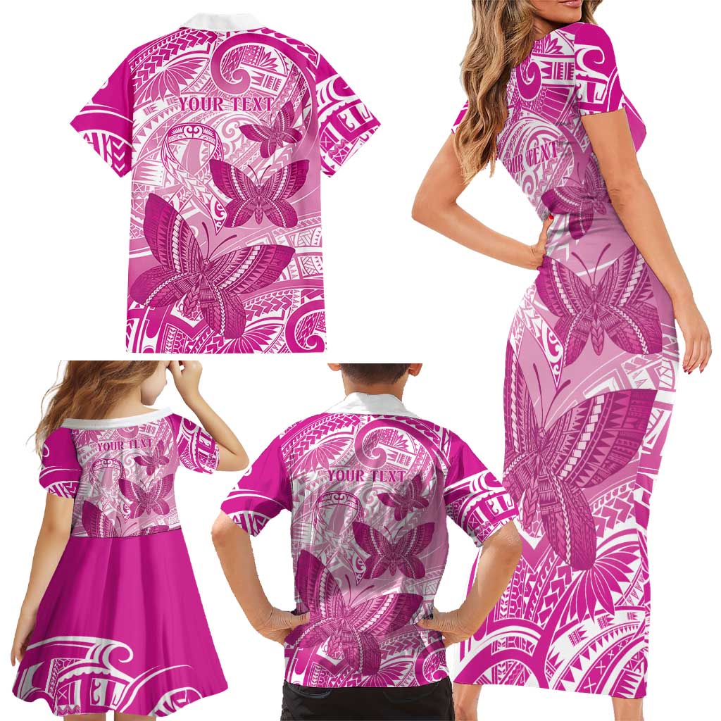 Personalised Polynesia Breast Cancer Awareness Family Matching Short Sleeve Bodycon Dress and Hawaiian Shirt Think Pink Ribbon Polynesian Butterflies
