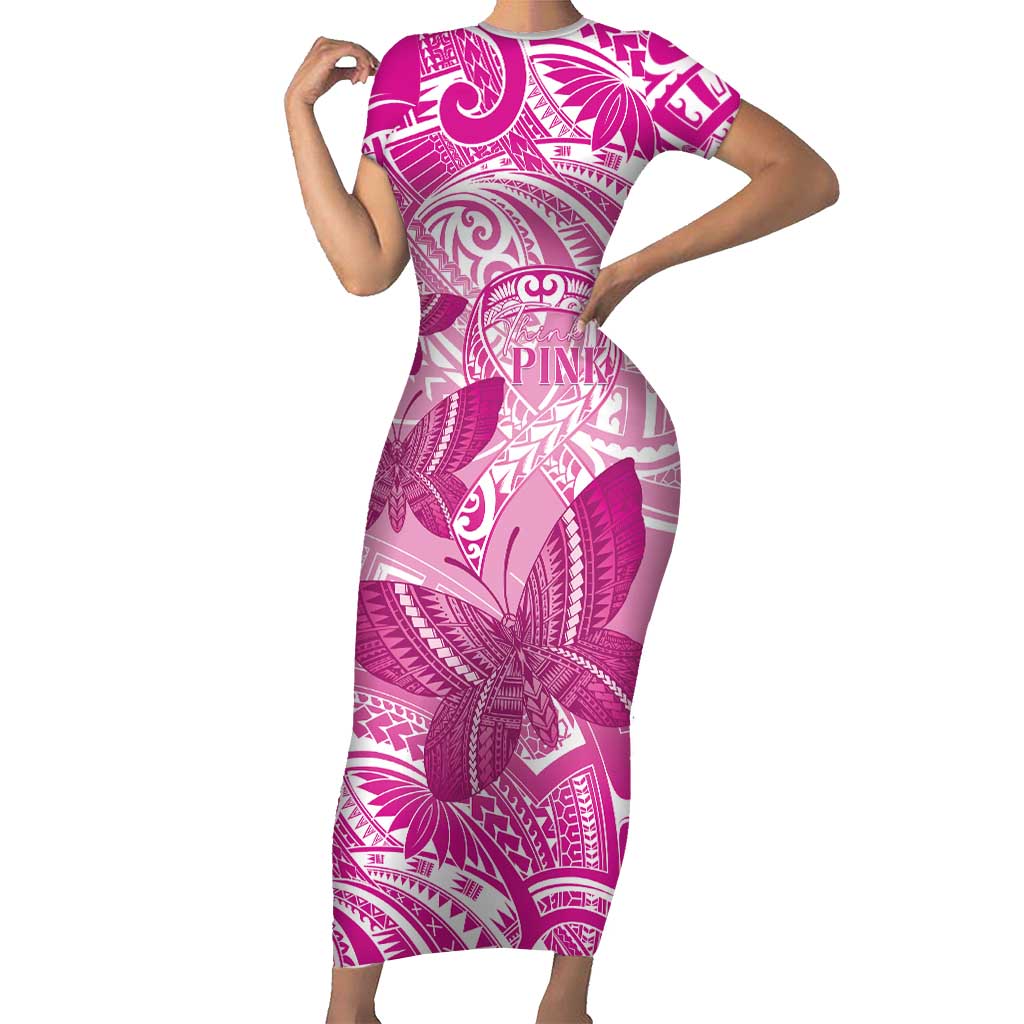 Personalised Polynesia Breast Cancer Awareness Family Matching Short Sleeve Bodycon Dress and Hawaiian Shirt Think Pink Ribbon Polynesian Butterflies
