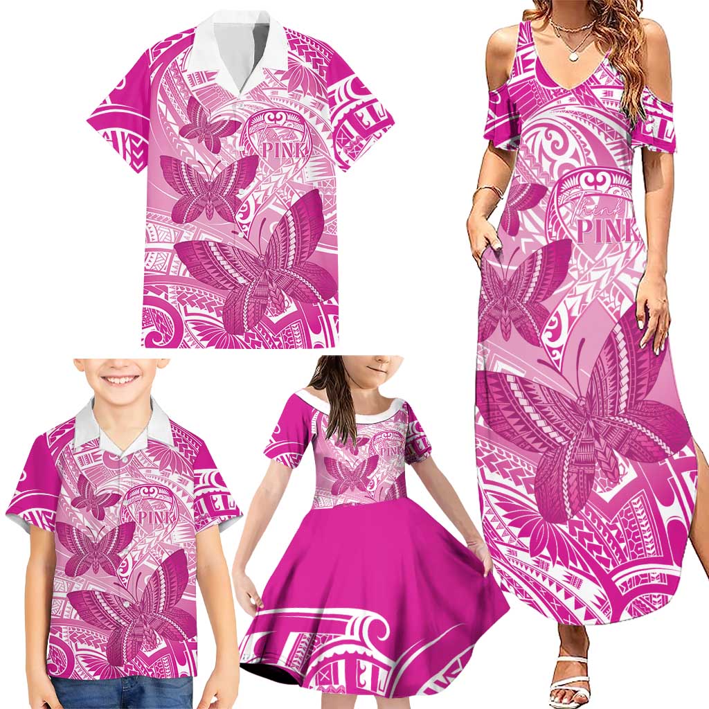 Personalised Polynesia Breast Cancer Awareness Family Matching Summer Maxi Dress and Hawaiian Shirt Think Pink Ribbon Polynesian Butterflies