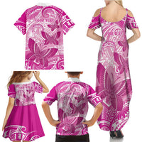 Personalised Polynesia Breast Cancer Awareness Family Matching Summer Maxi Dress and Hawaiian Shirt Think Pink Ribbon Polynesian Butterflies