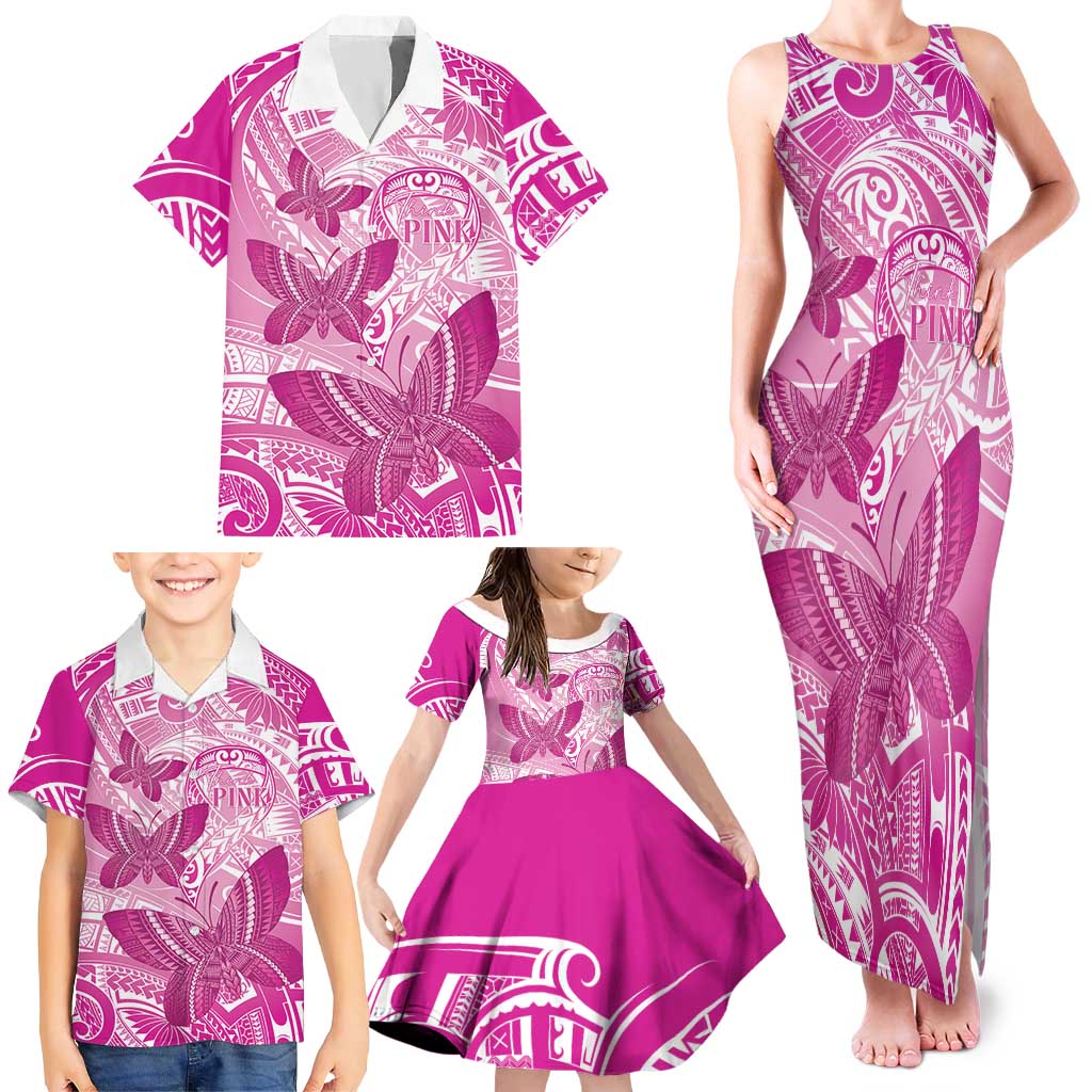 Personalised Polynesia Breast Cancer Awareness Family Matching Tank Maxi Dress and Hawaiian Shirt Think Pink Ribbon Polynesian Butterflies