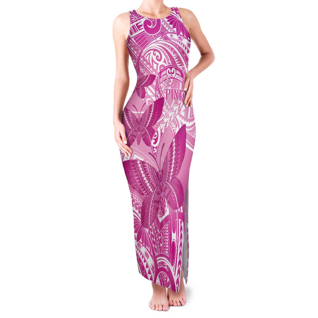 Personalised Polynesia Breast Cancer Awareness Family Matching Tank Maxi Dress and Hawaiian Shirt Think Pink Ribbon Polynesian Butterflies