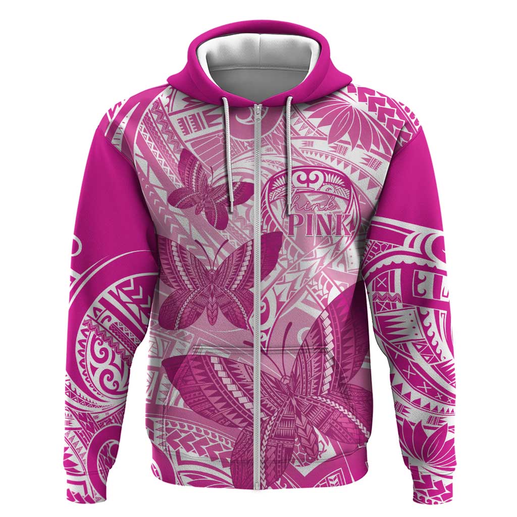 Personalised Polynesia Breast Cancer Awareness Hoodie Think Pink Ribbon Polynesian Butterflies LT14 Zip Hoodie Pink - Polynesian Pride