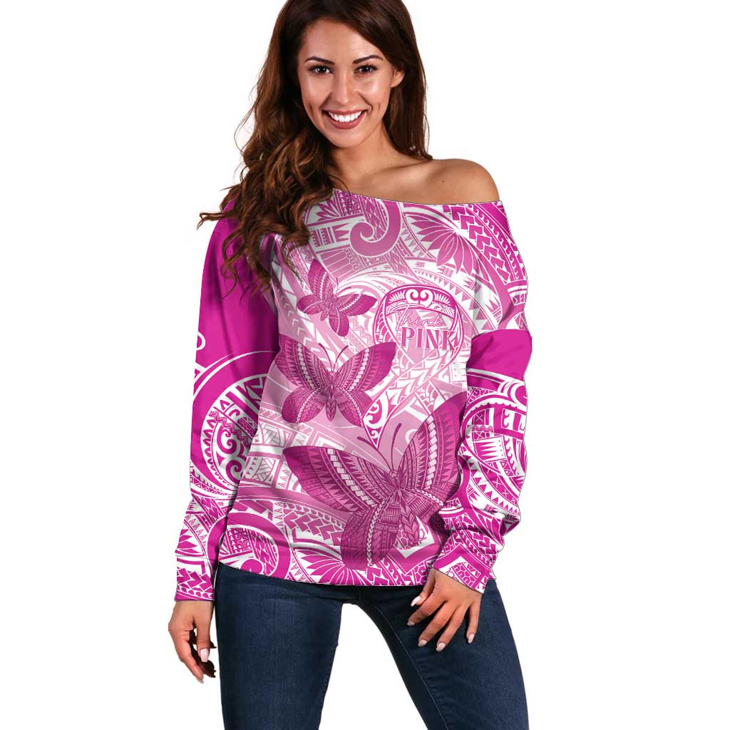 Personalised Polynesia Breast Cancer Awareness Off Shoulder Sweater Think Pink Ribbon Polynesian Butterflies