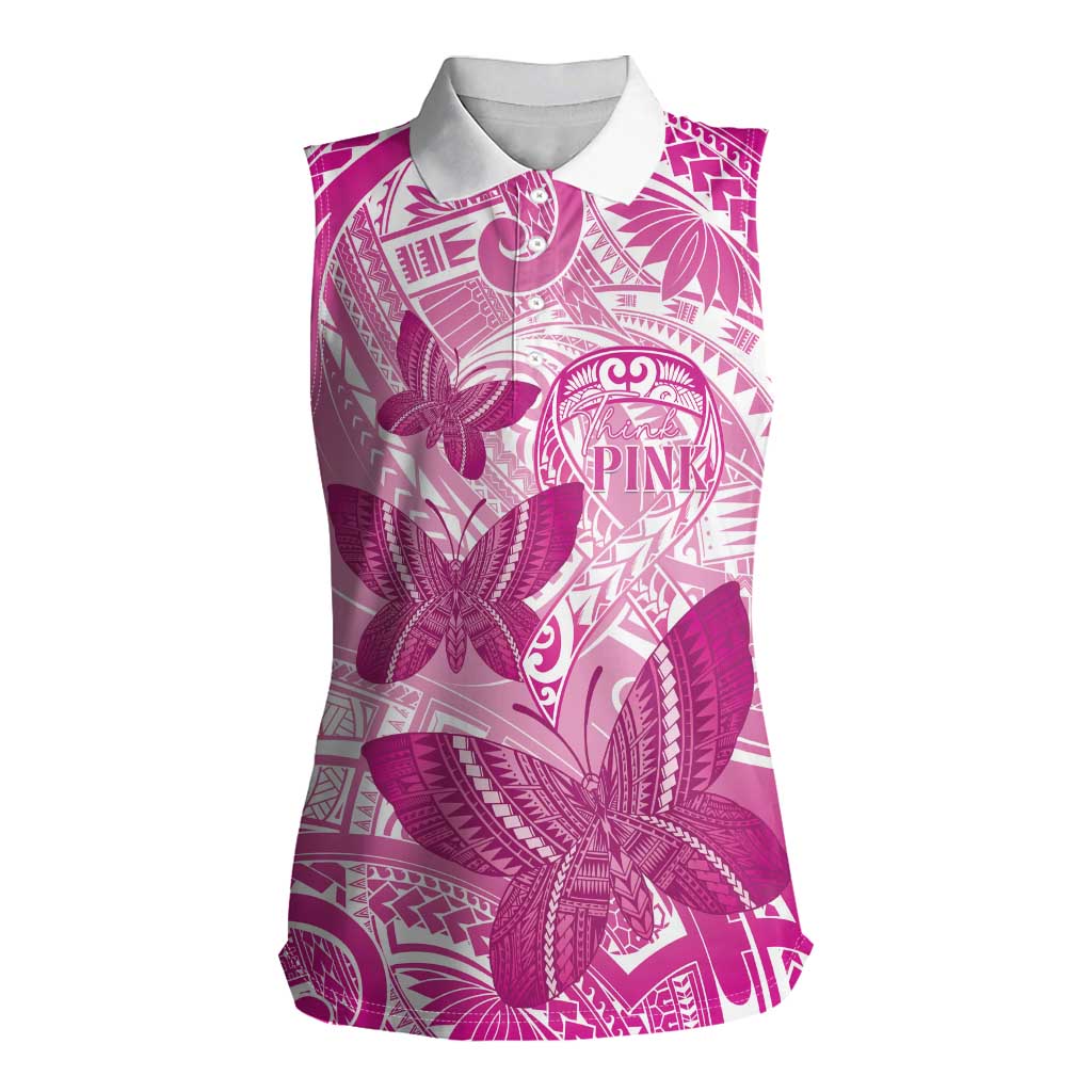 Personalised Polynesia Breast Cancer Awareness Women Sleeveless Polo Shirt Think Pink Ribbon Polynesian Butterflies