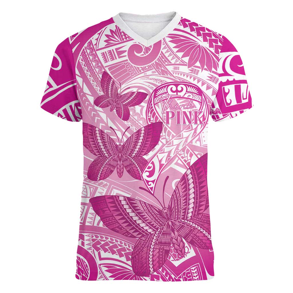 Personalised Polynesia Breast Cancer Awareness Women V-Neck T-Shirt Think Pink Ribbon Polynesian Butterflies