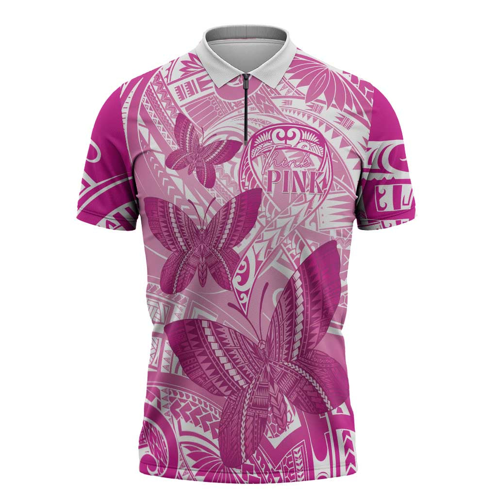 Personalised Polynesia Breast Cancer Awareness Zipper Polo Shirt Think Pink Ribbon Polynesian Butterflies