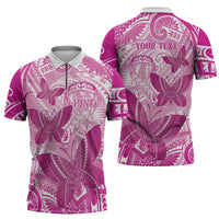 Personalised Polynesia Breast Cancer Awareness Zipper Polo Shirt Think Pink Ribbon Polynesian Butterflies