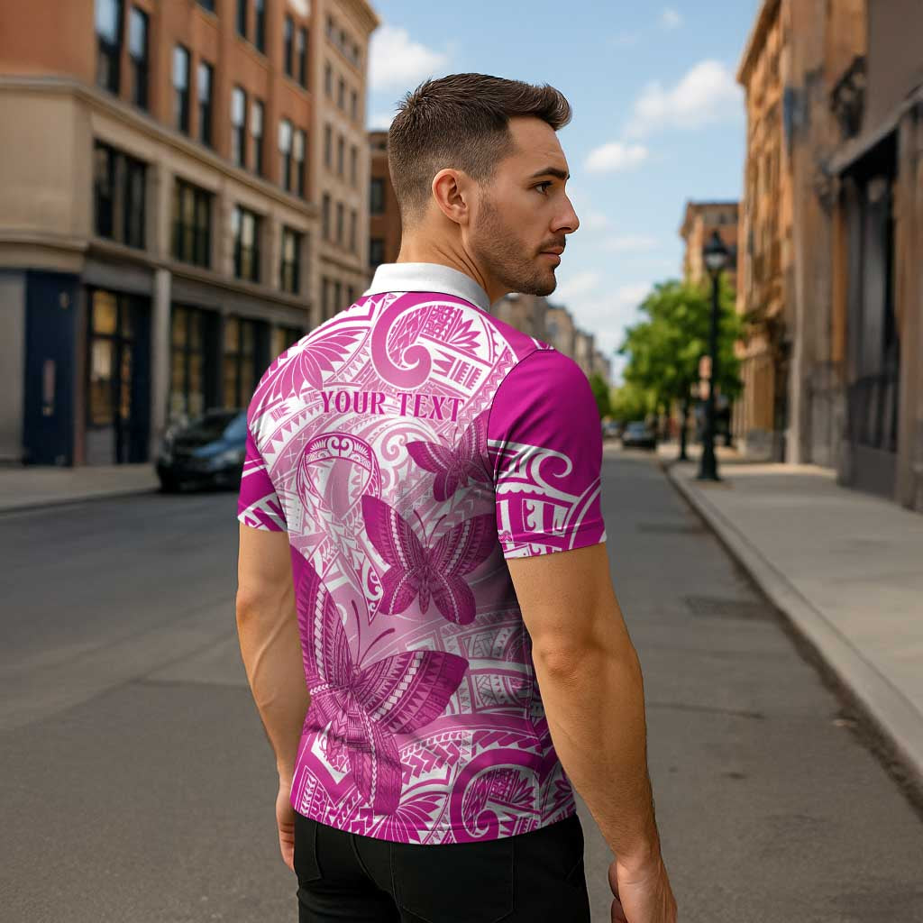 Personalised Polynesia Breast Cancer Awareness Zipper Polo Shirt Think Pink Ribbon Polynesian Butterflies