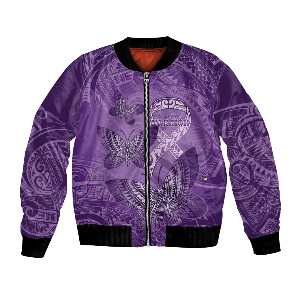 Personalised Polynesia Lupus Awareness Month Bomber Jacket Warrior Purple Ribbon Polynesian Butterflies LT14 Unisex Purple - Polynesian Pride