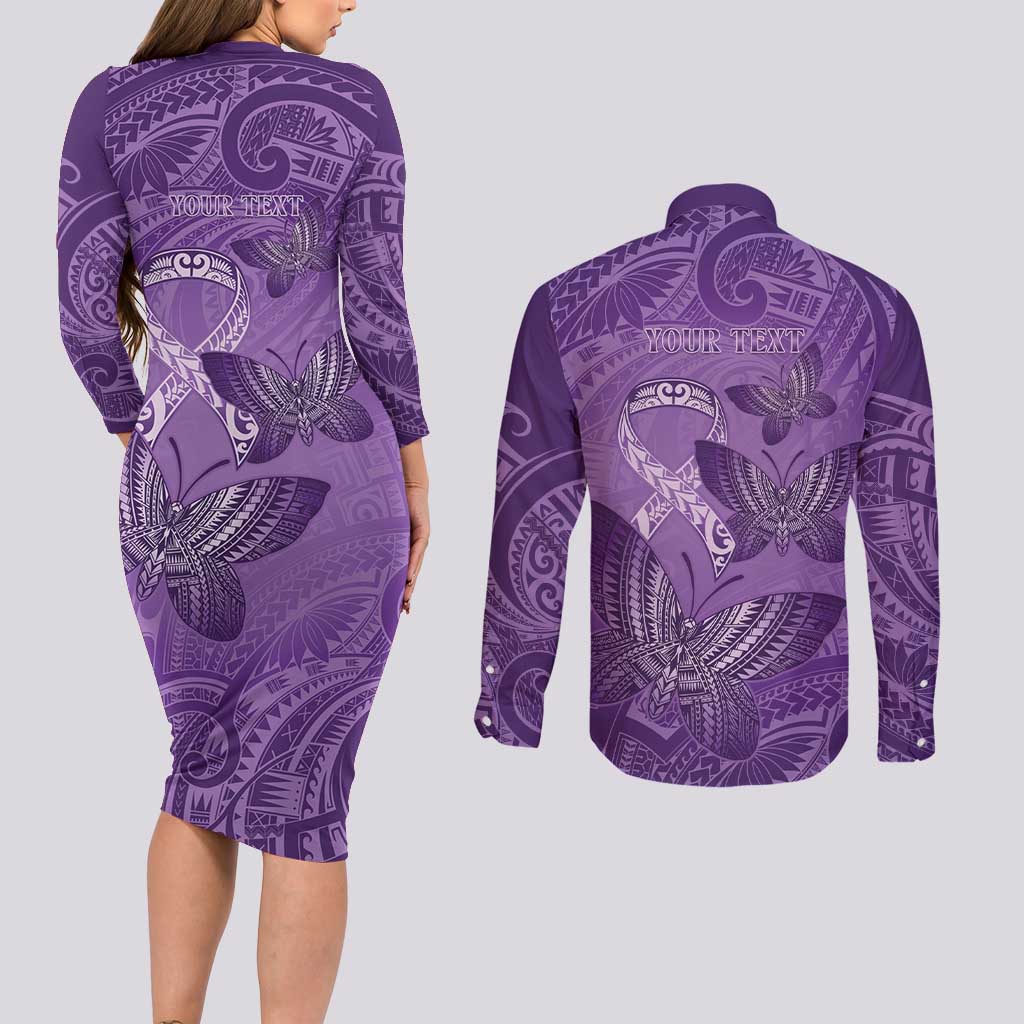 Personalised Polynesia Lupus Awareness Month Couples Matching Long Sleeve Bodycon Dress and Long Sleeve Button Shirt Warrior Purple Ribbon Polynesian Butterflies