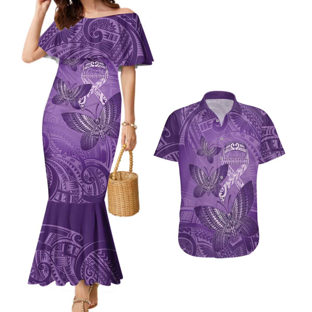 Personalised Polynesia Lupus Awareness Month Couples Matching Mermaid Dress and Hawaiian Shirt Warrior Purple Ribbon Polynesian Butterflies