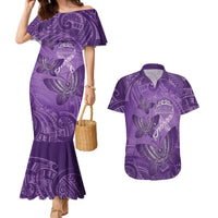Personalised Polynesia Lupus Awareness Month Couples Matching Mermaid Dress and Hawaiian Shirt Warrior Purple Ribbon Polynesian Butterflies