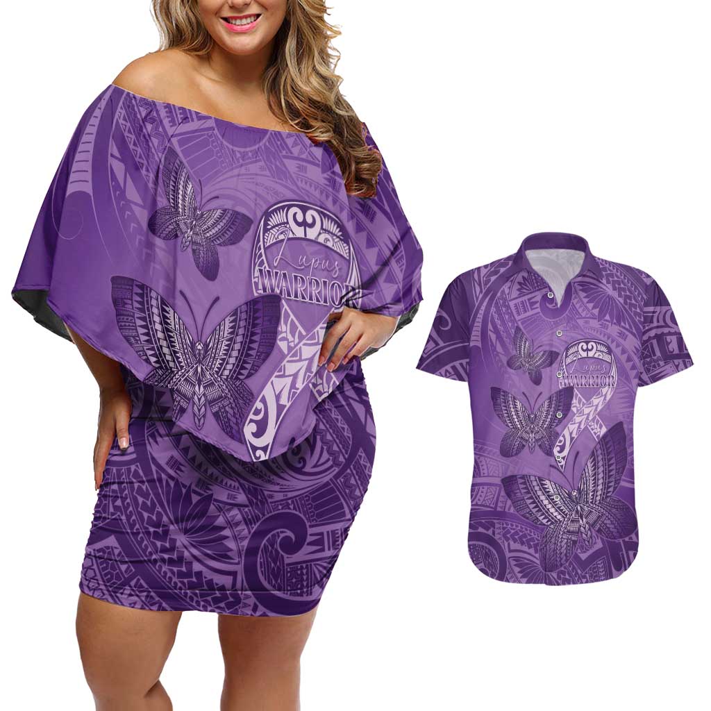 Personalised Polynesia Lupus Awareness Month Couples Matching Off Shoulder Short Dress and Hawaiian Shirt Warrior Purple Ribbon Polynesian Butterflies