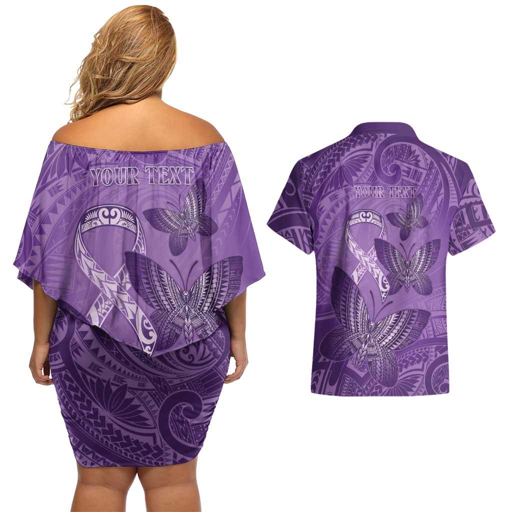 Personalised Polynesia Lupus Awareness Month Couples Matching Off Shoulder Short Dress and Hawaiian Shirt Warrior Purple Ribbon Polynesian Butterflies