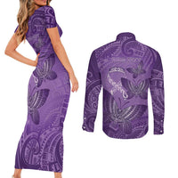 Personalised Polynesia Lupus Awareness Month Couples Matching Short Sleeve Bodycon Dress and Long Sleeve Button Shirt Warrior Purple Ribbon Polynesian Butterflies