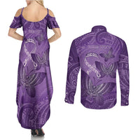 Personalised Polynesia Lupus Awareness Month Couples Matching Summer Maxi Dress and Long Sleeve Button Shirt Warrior Purple Ribbon Polynesian Butterflies