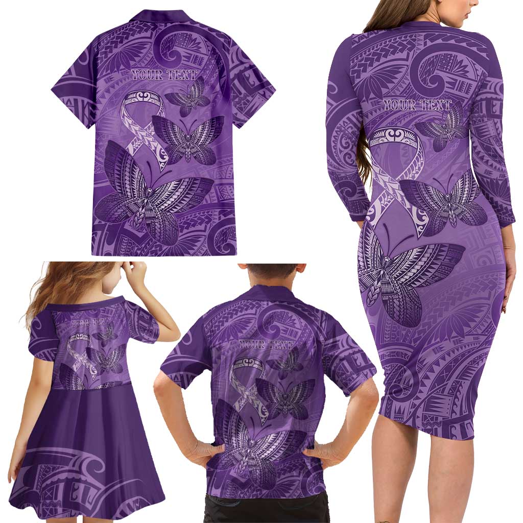 Personalised Polynesia Lupus Awareness Month Family Matching Long Sleeve Bodycon Dress and Hawaiian Shirt Warrior Purple Ribbon Polynesian Butterflies
