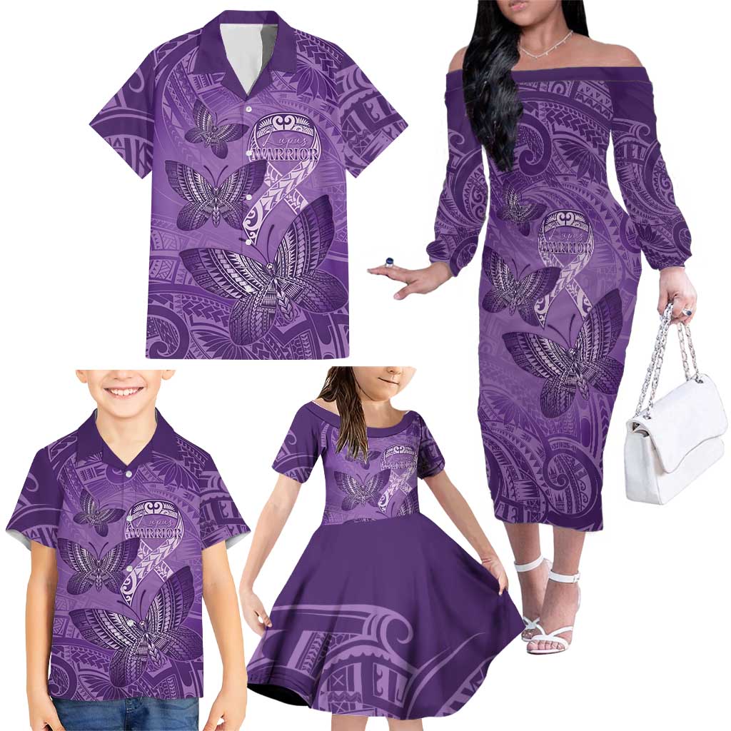 Personalised Polynesia Lupus Awareness Month Family Matching Off The Shoulder Long Sleeve Dress and Hawaiian Shirt Warrior Purple Ribbon Polynesian Butterflies LT14 - Polynesian Pride