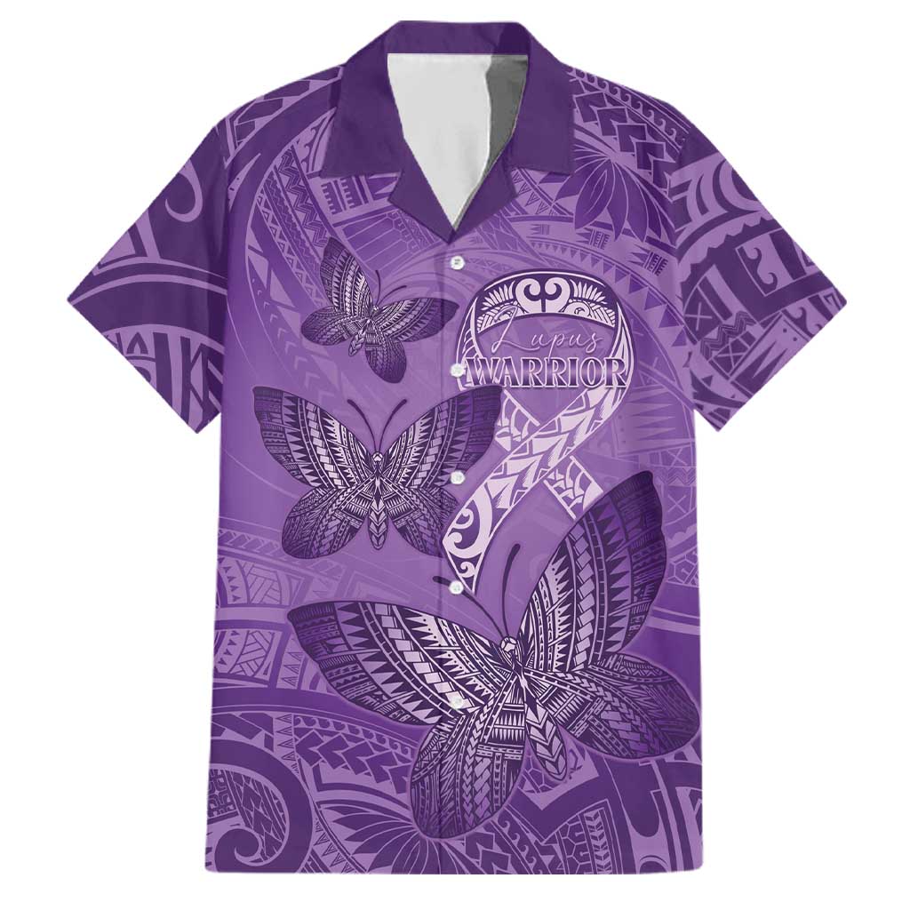 Personalised Polynesia Lupus Awareness Month Family Matching Off Shoulder Maxi Dress and Hawaiian Shirt Warrior Purple Ribbon Polynesian Butterflies