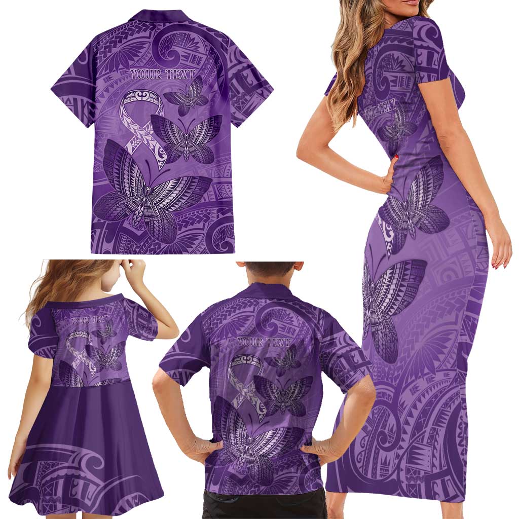 Personalised Polynesia Lupus Awareness Month Family Matching Short Sleeve Bodycon Dress and Hawaiian Shirt Warrior Purple Ribbon Polynesian Butterflies