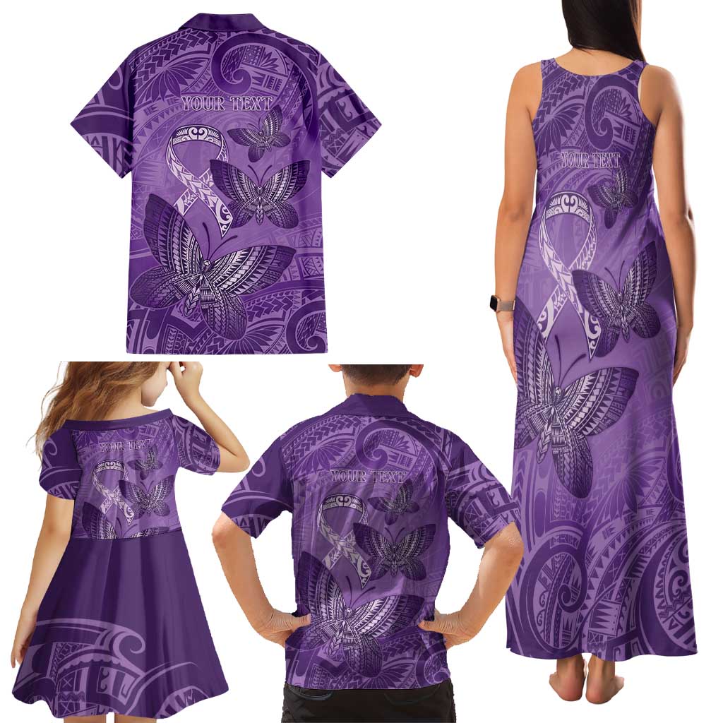 Personalised Polynesia Lupus Awareness Month Family Matching Tank Maxi Dress and Hawaiian Shirt Warrior Purple Ribbon Polynesian Butterflies