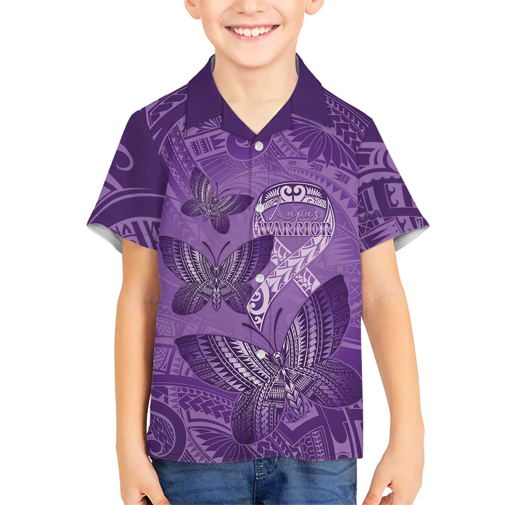 Personalised Polynesia Lupus Awareness Month Family Matching Tank Maxi Dress and Hawaiian Shirt Warrior Purple Ribbon Polynesian Butterflies