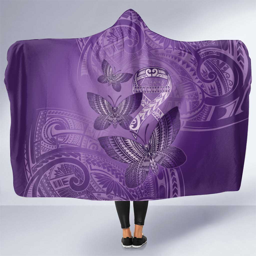 Polynesia Lupus Awareness Month Hooded Blanket Warrior Purple Ribbon Polynesian Butterflies
