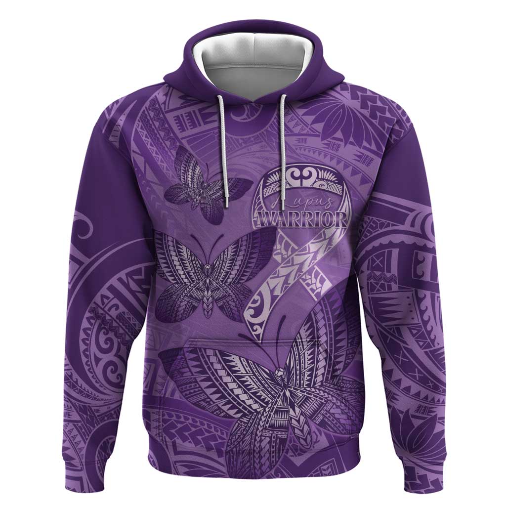 Personalised Polynesia Lupus Awareness Month Hoodie Warrior Purple Ribbon Polynesian Butterflies