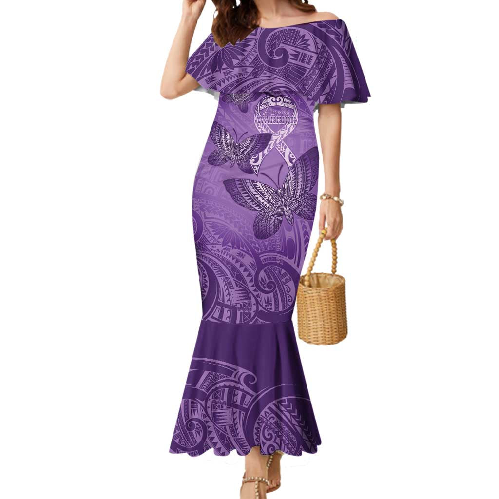 Personalised Polynesia Lupus Awareness Month Mermaid Dress Warrior Purple Ribbon Polynesian Butterflies LT14 Women Purple - Polynesian Pride