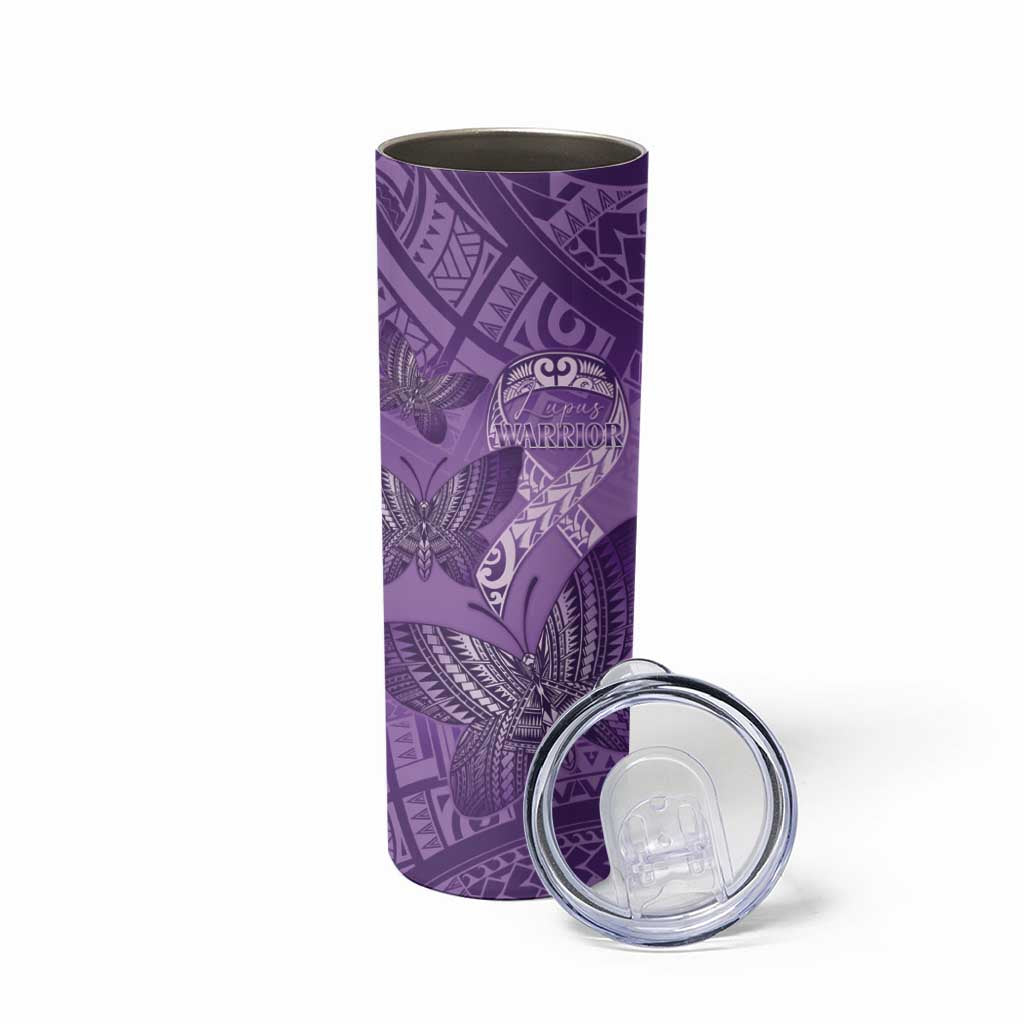 Personalised Polynesia Lupus Awareness Month Skinny Tumbler Warrior Purple Ribbon Polynesian Butterflies