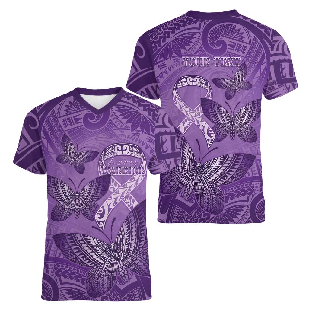 Personalised Polynesia Lupus Awareness Month Women V-Neck T-Shirt Warrior Purple Ribbon Polynesian Butterflies