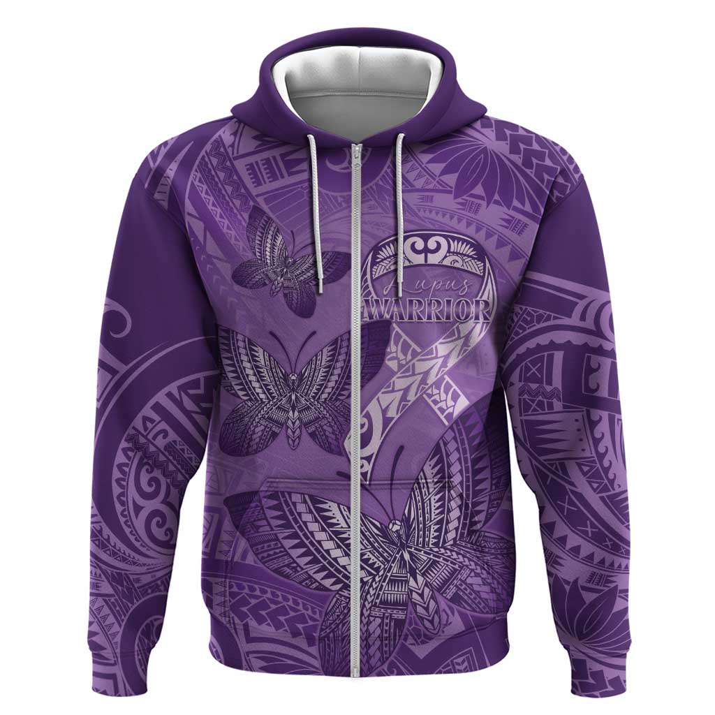 Personalised Polynesia Lupus Awareness Month Zip Hoodie Warrior Purple Ribbon Polynesian Butterflies LT14 Zip Hoodie Purple - Polynesian Pride