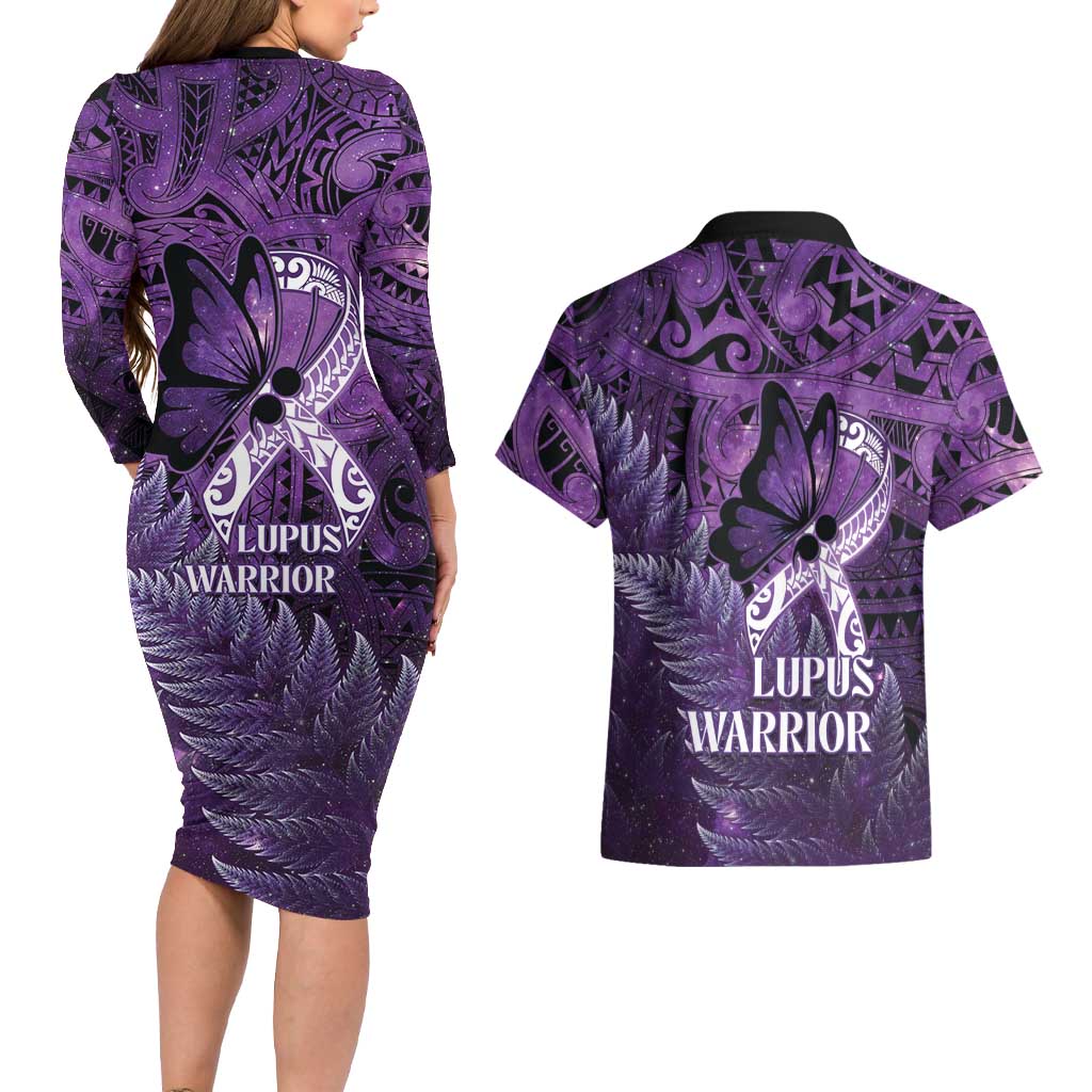 Lupus Awareness Month New Zealand Couples Matching Long Sleeve Bodycon Dress and Hawaiian Shirt Be Strong Warrior Maori Silver Fern
