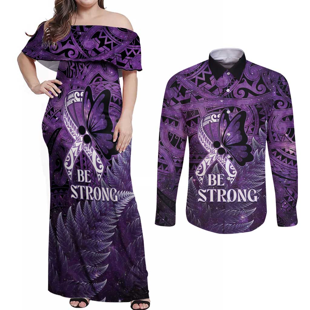 Lupus Awareness Month New Zealand Couples Matching Off Shoulder Maxi Dress and Long Sleeve Button Shirt Be Strong Warrior Maori Silver Fern
