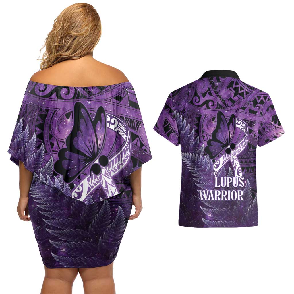 Lupus Awareness Month New Zealand Couples Matching Off Shoulder Short Dress and Hawaiian Shirt Be Strong Warrior Maori Silver Fern