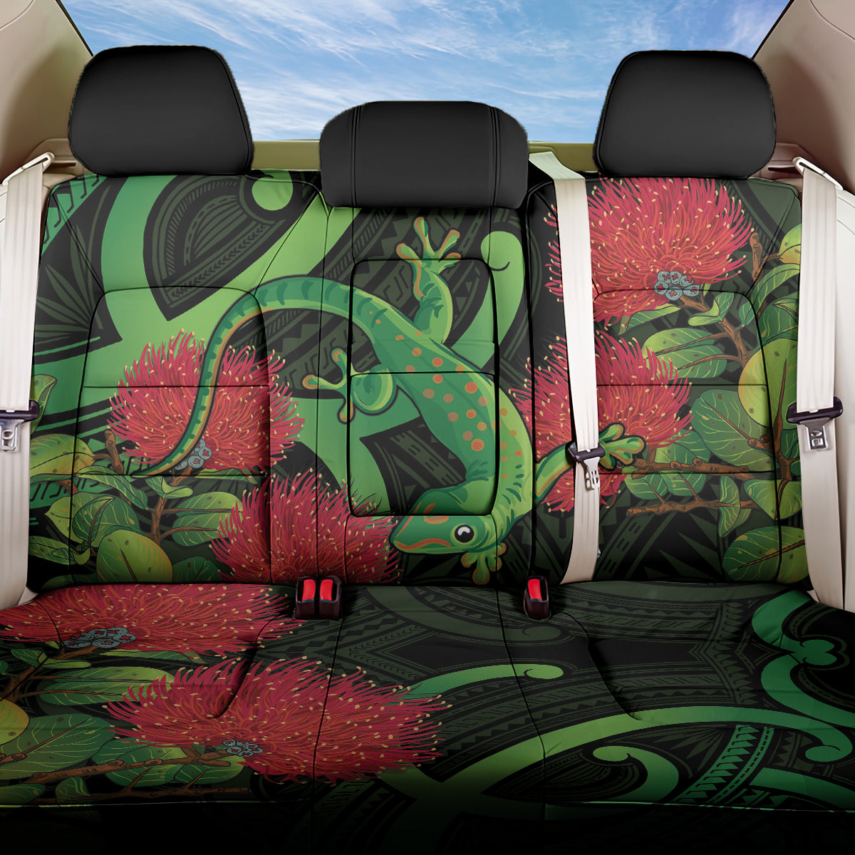 New Zealand Gecko Back Car Seat Cover Aotearoa Maori With Pohutukawa Flowers