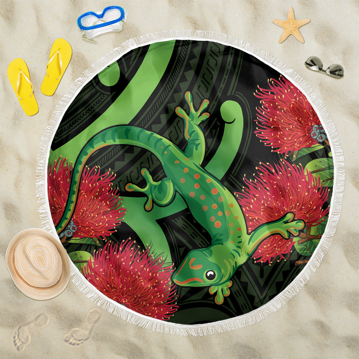New Zealand Gecko Beach Blanket Aotearoa Maori With Pohutukawa Flowers LT14 One Size 150cm Black - Polynesian Pride