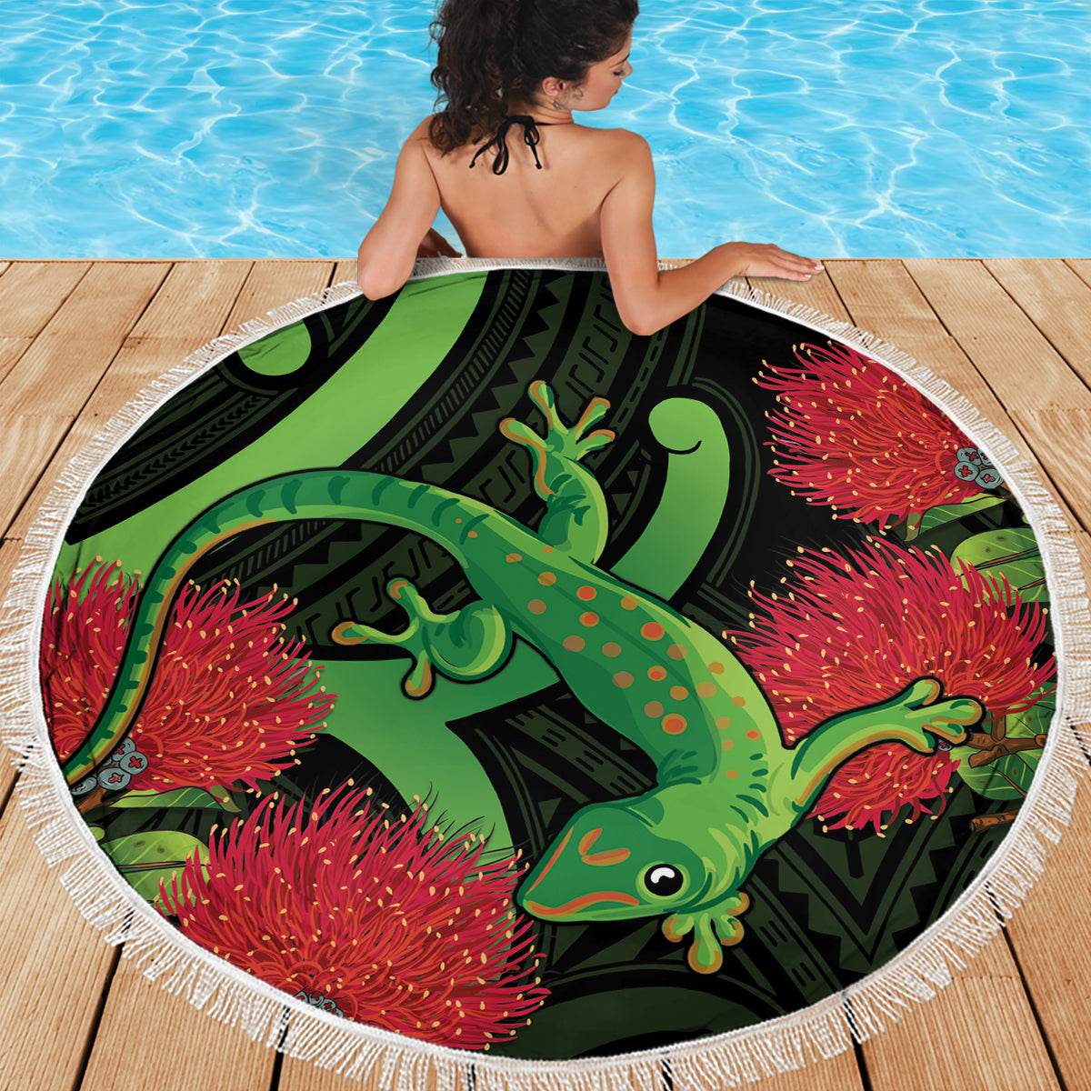 New Zealand Gecko Beach Blanket Aotearoa Maori With Pohutukawa Flowers LT14 - Polynesian Pride