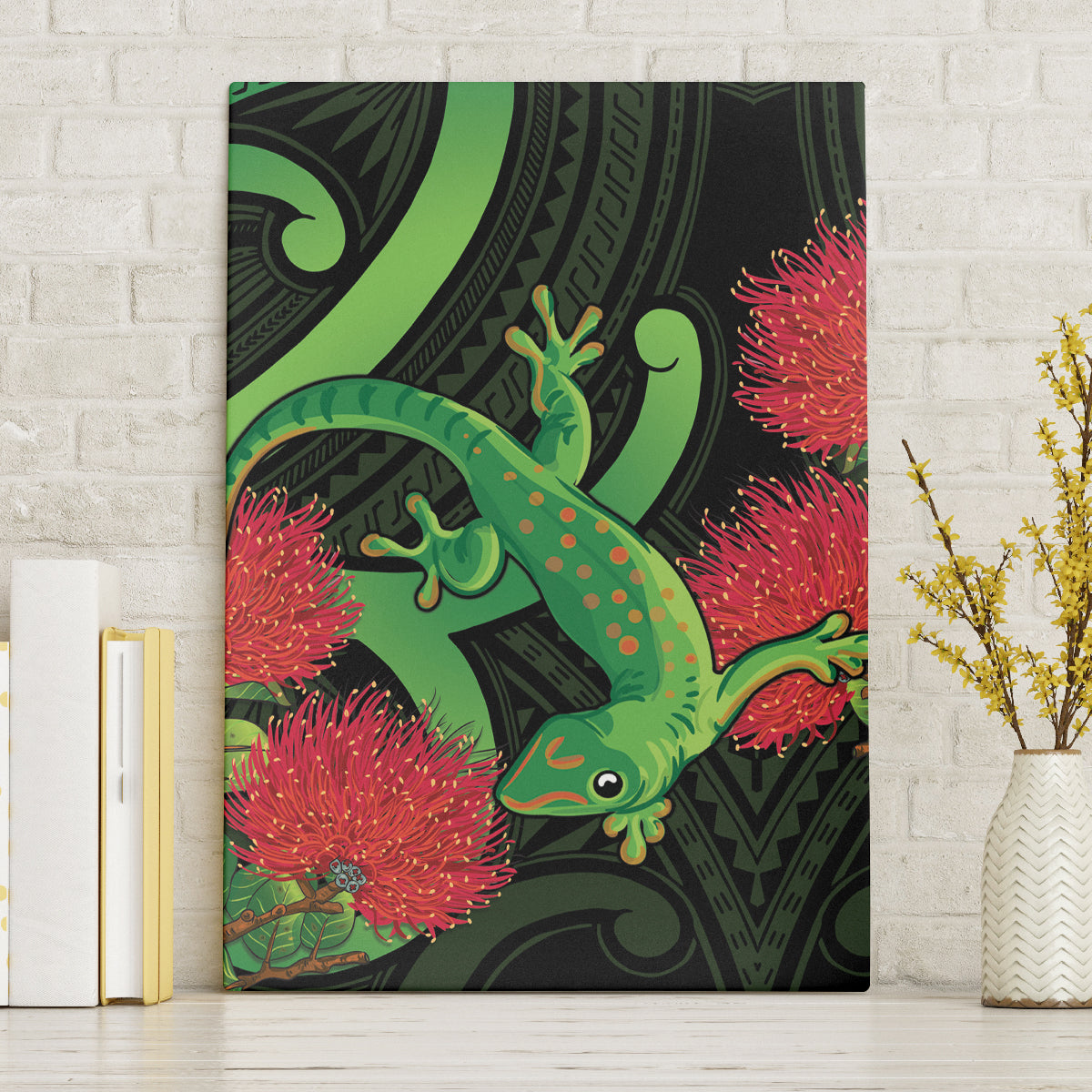 New Zealand Gecko Canvas Wall Art Aotearoa Maori With Pohutukawa Flowers