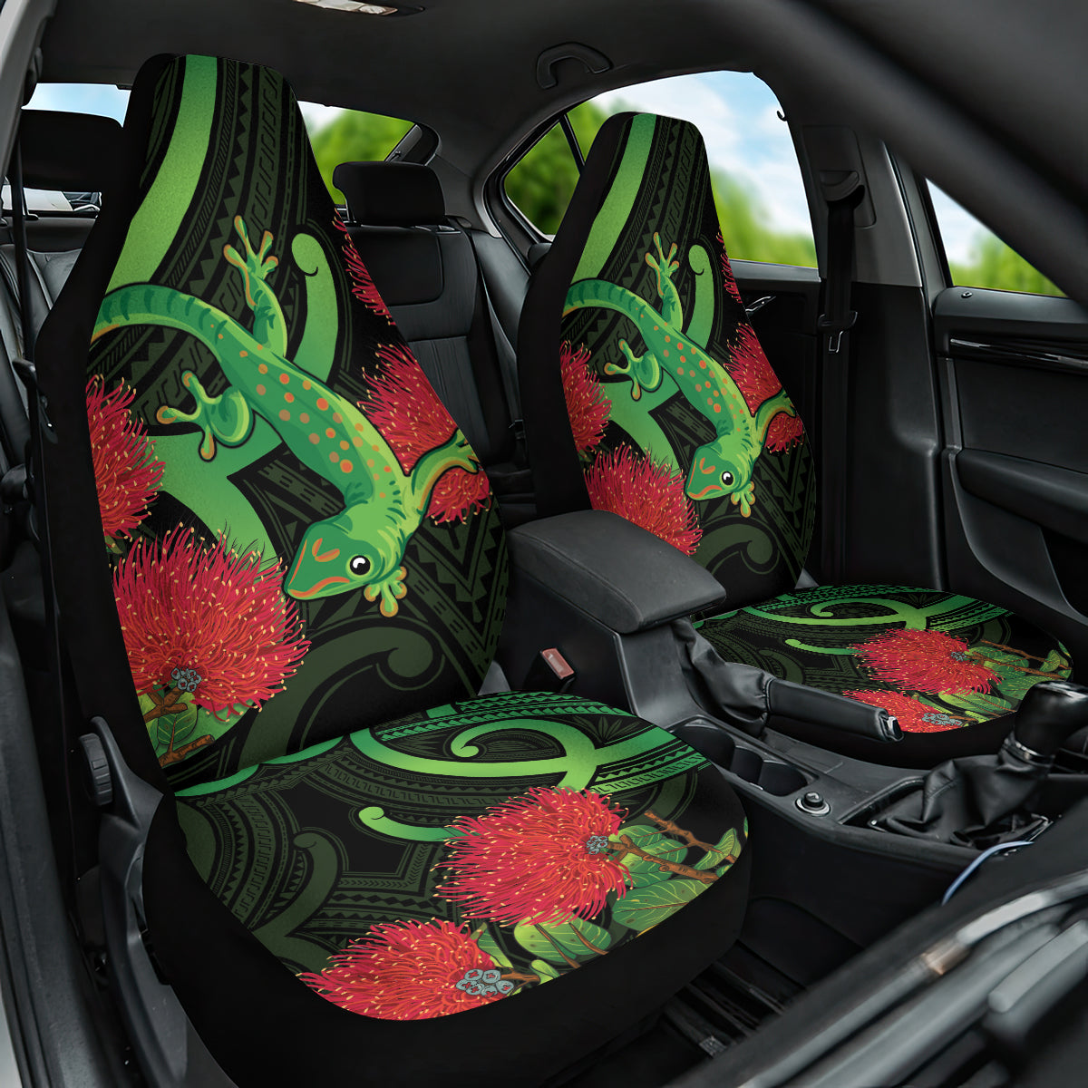 New Zealand Gecko Car Seat Cover Aotearoa Maori With Pohutukawa Flowers