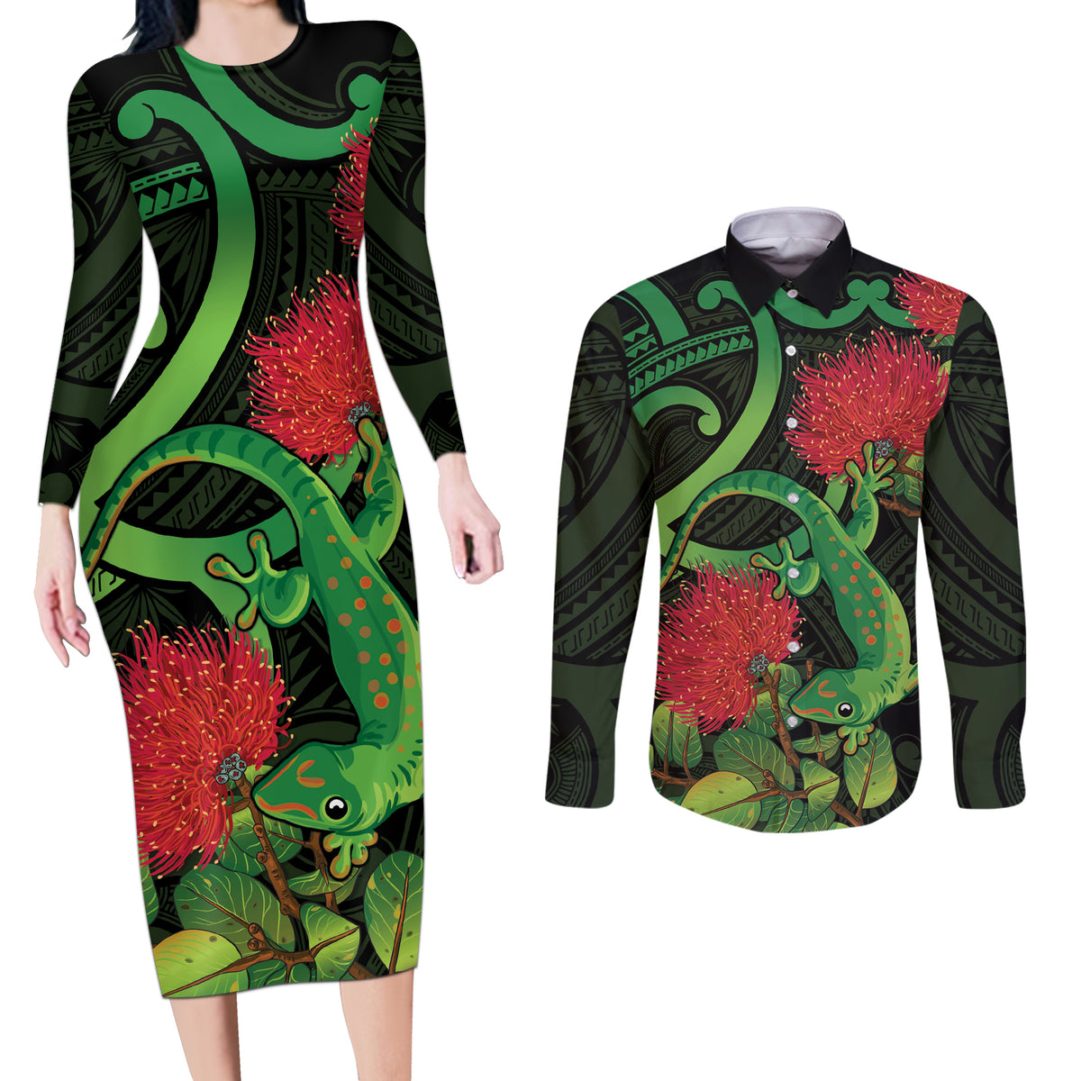 New Zealand Gecko Couples Matching Long Sleeve Bodycon Dress and Long Sleeve Button Shirt Aotearoa Maori With Pohutukawa Flowers