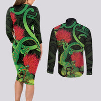 New Zealand Gecko Couples Matching Long Sleeve Bodycon Dress and Long Sleeve Button Shirt Aotearoa Maori With Pohutukawa Flowers