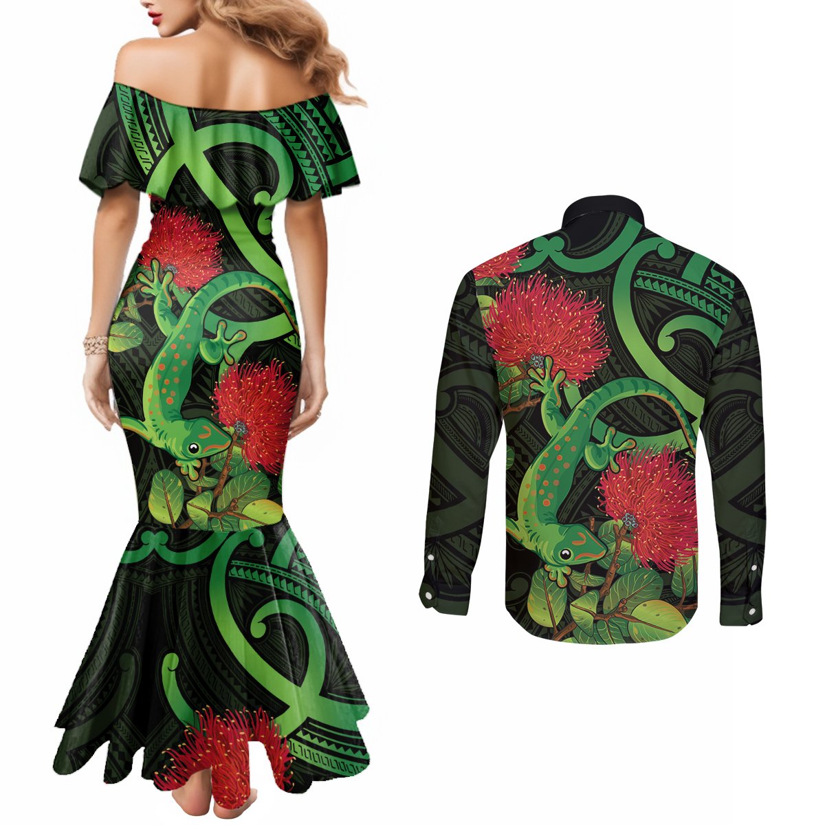 New Zealand Gecko Couples Matching Mermaid Dress and Long Sleeve Button Shirt Aotearoa Maori With Pohutukawa Flowers