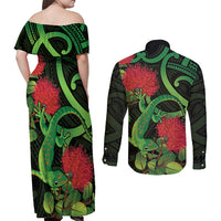 New Zealand Gecko Couples Matching Off Shoulder Maxi Dress and Long Sleeve Button Shirt Aotearoa Maori With Pohutukawa Flowers