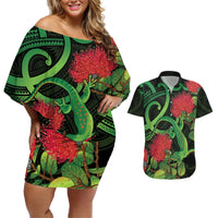 New Zealand Gecko Couples Matching Off Shoulder Short Dress and Hawaiian Shirt Aotearoa Maori With Pohutukawa Flowers